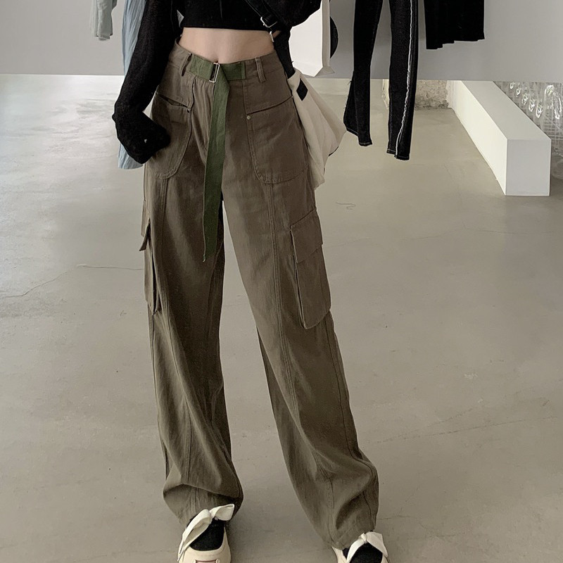 Military green high-waisted work pants for women, 2022 new autumn loose straight-leg, slimming, wide-leg casual long pants Military green high-waisted work pants for women, 2022 new autumn loose straight-leg, slimming, wide-leg casual long pants